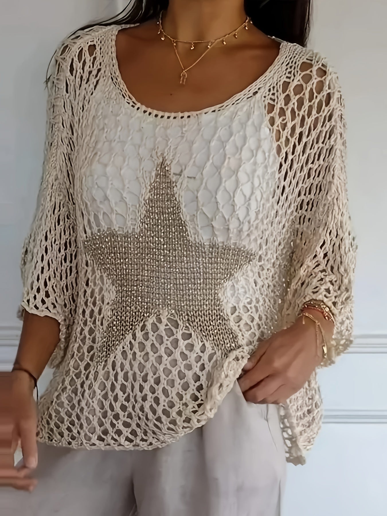 Women's Loose Hollow Star Cardigan Round Neck Shirt Summer Swim Cover-Up